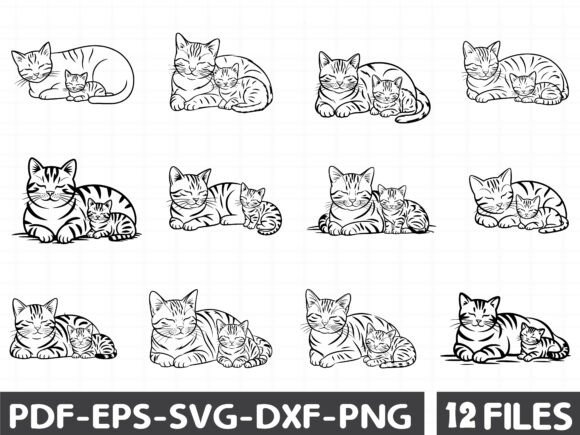Mother and Kitten Line Art Graphics for Illustrations